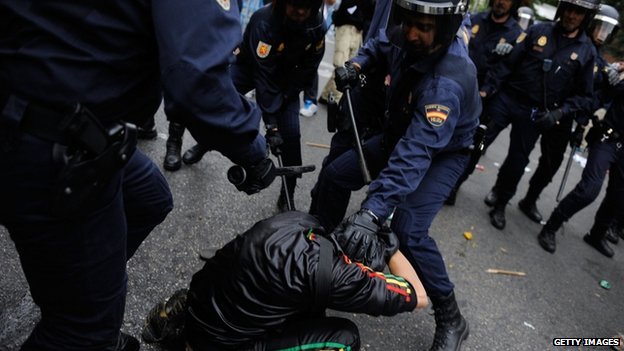 Riot Police Clash with Anti-Austerity Protestors in Madrid
