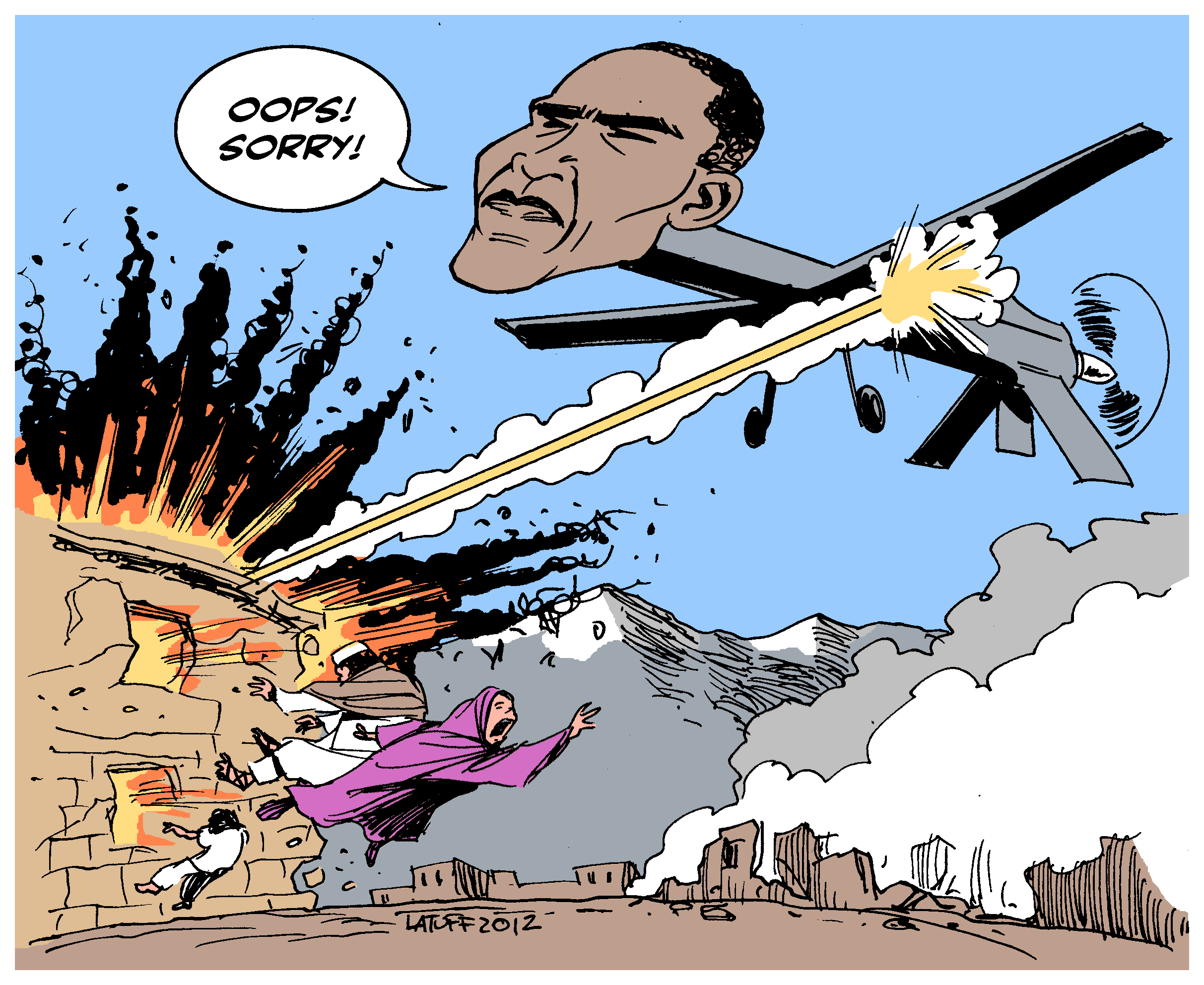 Political Cartoon: US drones in Pakistan: Apologize for killing and then kill again!